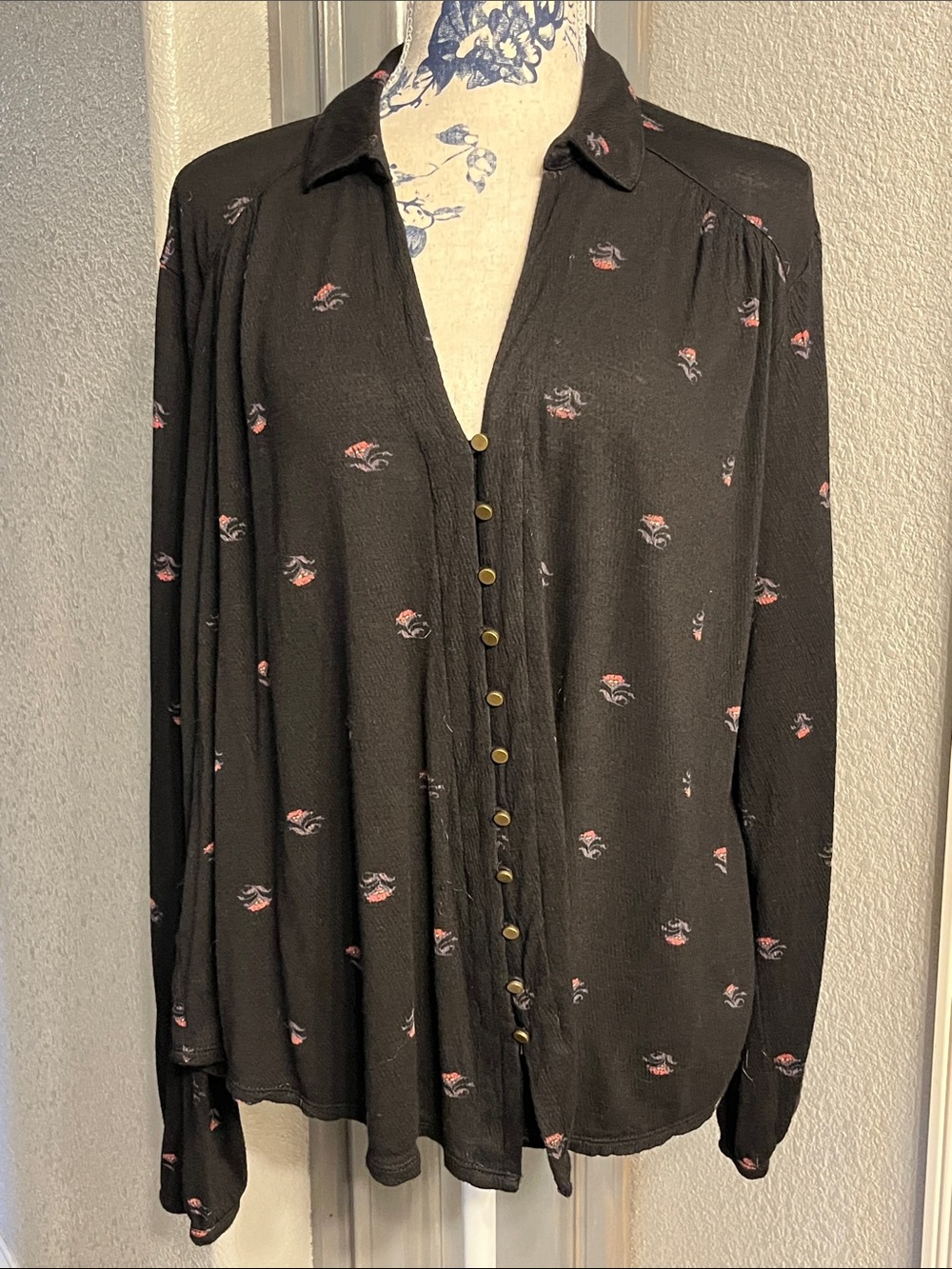 Lucky Brand Black Blouse with Pink Floral Print